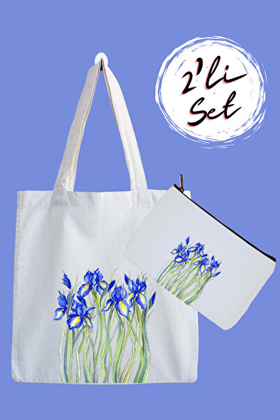 designedfy Mavi Çiçek Su Geçirmez Bez Çanta ve Kalemlik 2'li Avantaj Seti