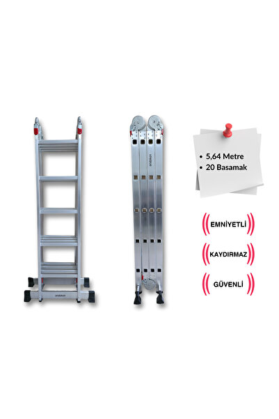 Endokon 5,64 Metre - 20 Basamaklı Katlanır Akrobat Merdiven - Büyük Menteşe - Kalın Profil