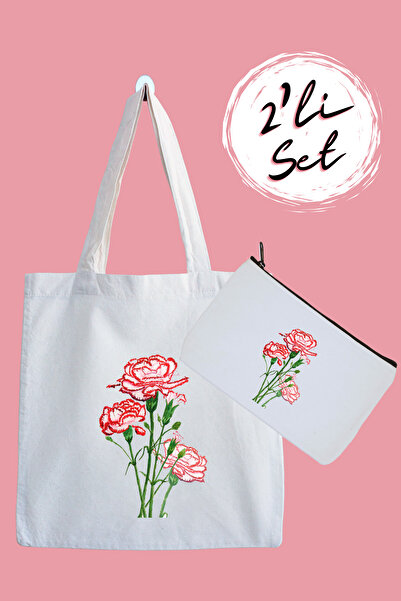 designedfy Çiçek Su Geçirmez Bez Çanta ve Kalemlik 2'li Avantaj Seti