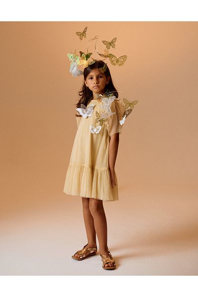 Ziddy Tulle Dress with Glitter for Girls, Beige