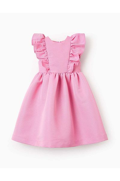 Ziddy Voluminous Textured Dress with Ruffles for Girls, Pink