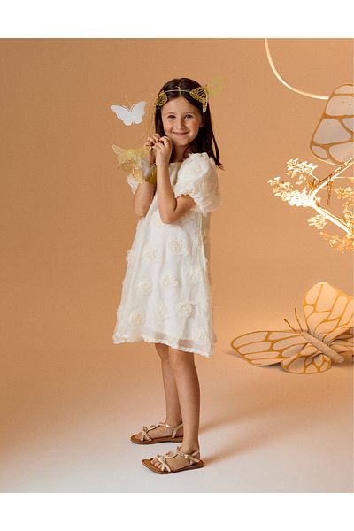 Ziddy 3D Flower Dress for Girls, White