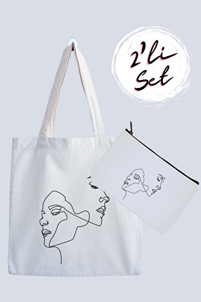 designedfy Faces Line Su Geçirmez Bez Çanta ve Kalemlik 2'li Avantaj Seti
