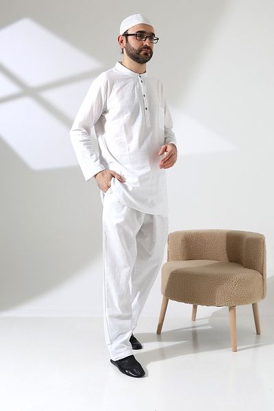 ihvanonline Men's Single Pocket Shirt Pants Double Suit Hajj and Umrah Clothing White (Vşn)