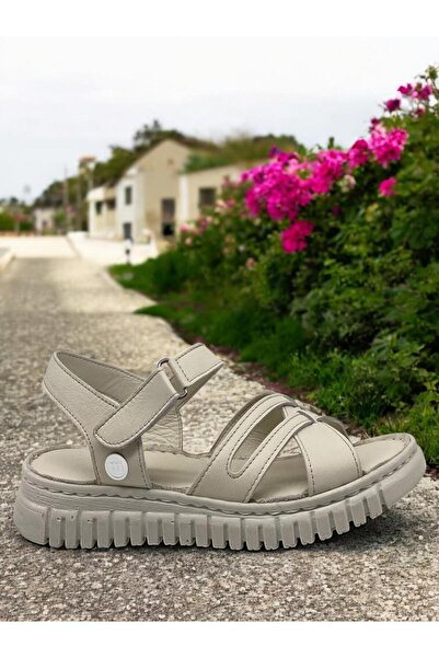 Mammamia D25Ys-2555 Cream Genuine Leather Full Orthopedic Women's Daily Sandals