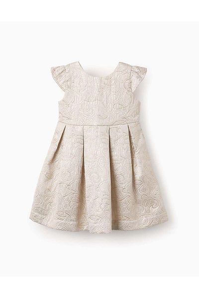 Ziddy Textured Dress for Baby Girls, White/Gold