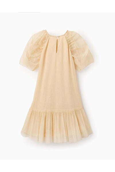 Ziddy Tulle Dress with Glitter for Girls, Beige