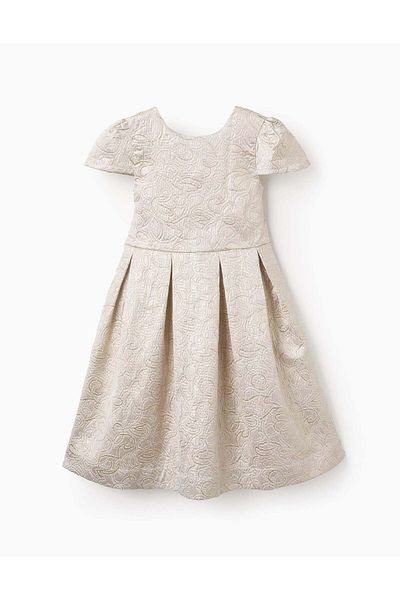 Ziddy Textured Dress for Girls, White/Gold