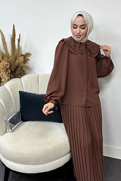 Tesettür Diyarı Γυναικείο κοστούμι Hijab από ύφασμα κρεπ με πλισέ φούστα