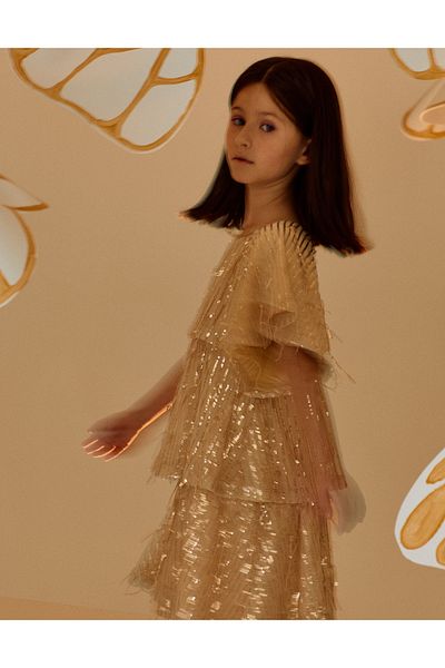 Ziddy Dress with Sequins for Girls, Beige/Gold
