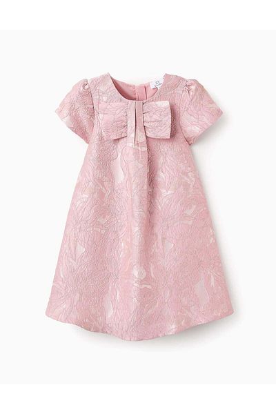 Ziddy Floral Dress with Bow and Texture for Girls, Pink/Gold