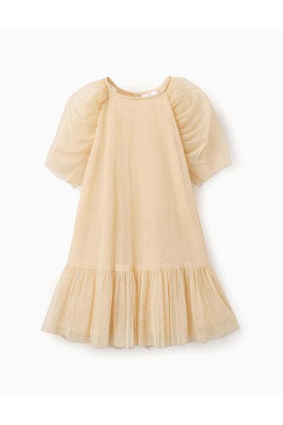 Ziddy Tulle Dress with Glitter for Girls, Beige