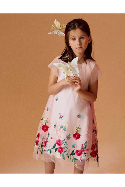 Ziddy Tulle Dress with Colourful Embroidery for Girls, Pink