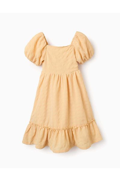 Ziddy Peasant Dress in Dobby Fabric for Girls, Yellow
