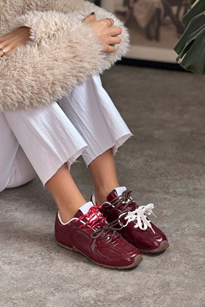 NİŞANTAŞI SHOES Dámská šněrovací sportovní obuv Fabian Burgundy Matte Flat Sole