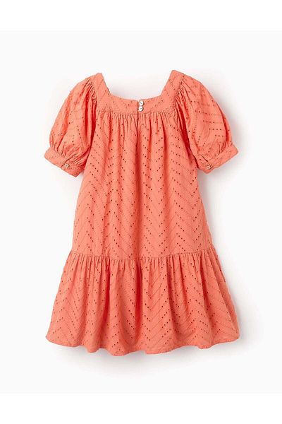 Ziddy Cotton Dress with Broderie Anglaise for Girls, Orange