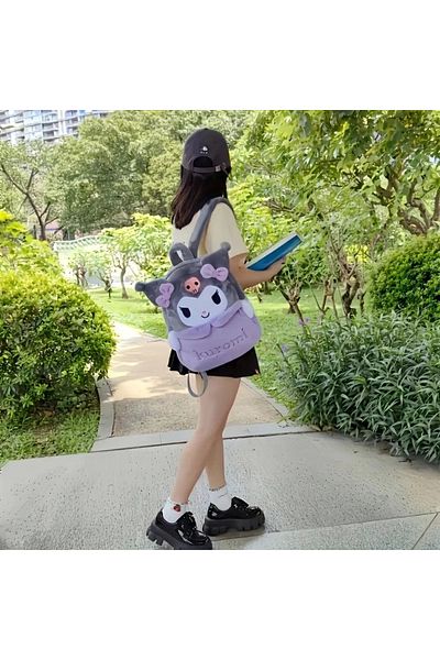SANRIO Large Capacity Kuromi Backpack with Plush Detail and Cartoon Design for Everyday Use