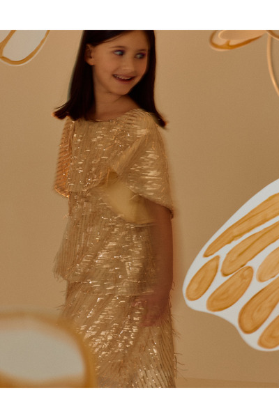 Ziddy Dress with Sequins for Girls, Beige/Gold