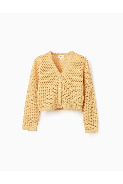 Ziddy Cardigan in Cotton with Openwork for Girls, Yellow
