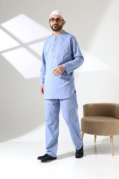 ihvan online Men's Single Pocket Shirt Pants Double Suit Hajj and Umrah Clothing Blue (Vşn)