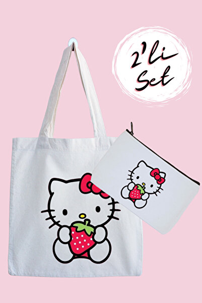 designedfy Hello Kitty Çilek Su Geçirmez Bez Çanta ve Kalemlik 2'li Avantaj Seti