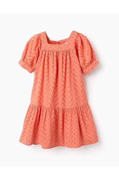 Ziddy Cotton Dress with Broderie Anglaise for Girls, Orange