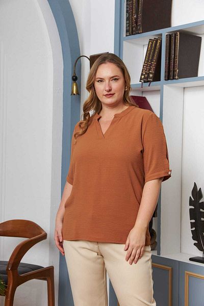 RMG Women's Rmg Plus Size, Prevailing Neck, Sleeves Slit, Button Rhinestone, Three-Quarter Sleeve, Stretchy Woven Blouse