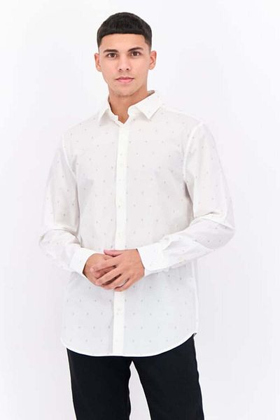 Perry Ellis Men Stretch Allover Print Long Sleeves Casual Shirt, White Combo