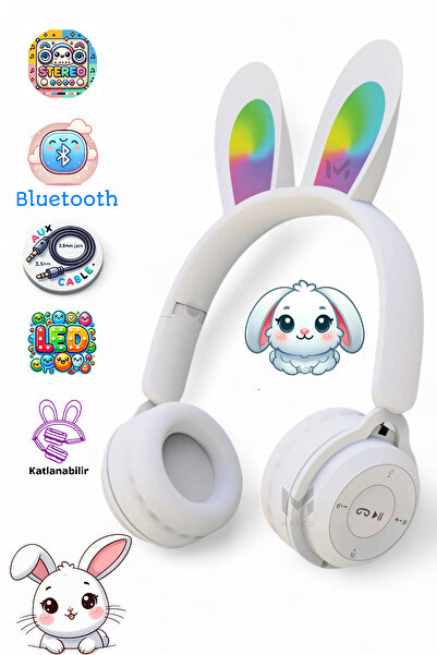 CARLOTA Beyaz Kablosuz Bluetooth 5.3 Led Işıklı Tavşan Kulaklık Hediyelik ios...