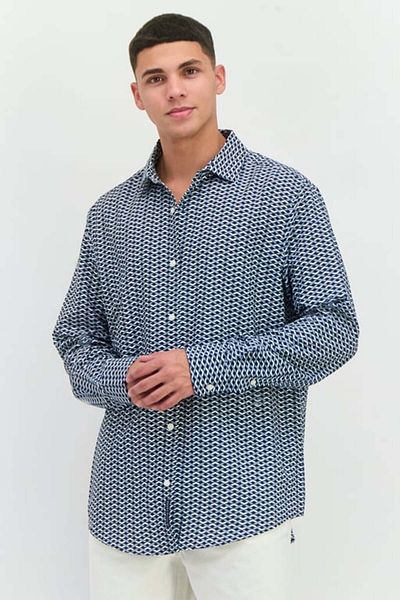 Perry Ellis Men Stretch Fit Long Sleeve All Over Print Casual Shirt, Navy