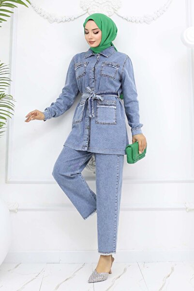 benguen Λεπτομέρεια πέτρας σετ τζιν με ζώνη μπλε 2103