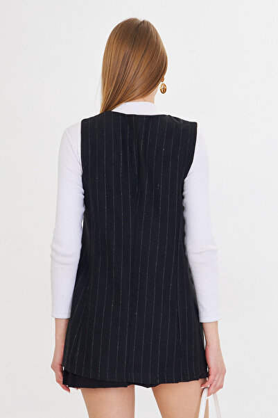 armonika Vestă cu imprimeu supradimensionat pentru femei, alb-negru, cu decolteu în V, cu un singur nasture ARM-25K 001110