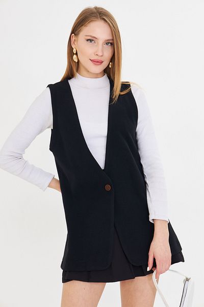 armonika Women's Black V-Neck Single Button Oversize Patterned Vest Arm-25K 001110