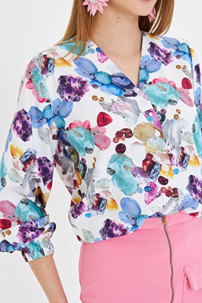 armonika Cămașă de damă albastră cu mâneci elastice cu model ARM-25Y 001014