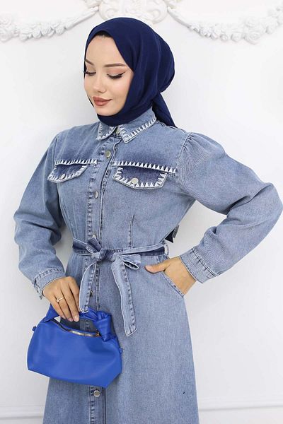 benguen Rochie albastra din denim cu broderie, model 6108