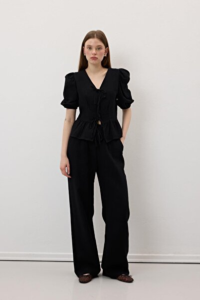 LEVURE Elastic Waist Muslin Trousers Black