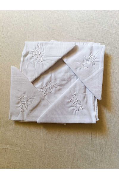 ASPA 6 Pieces White Floral Embroidered 100% Cotton Handkerchief 28X28 cm
