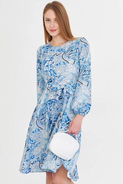armonika Rochie de damă, albastră, cu decolteu în formă de O, cu fermoar la spate, cu curea, cu mânecă lungă, evazată, lungime midi ARM-25Y 001008