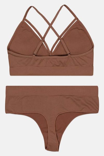 Ellesse Women 2 Pieces Padded Brand Logo Bralette And Thong Set, Brown