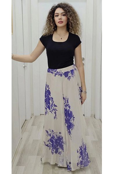 lodmela Fusta din șifon evazată bej/violet - Talie elastică 6003