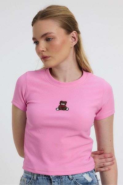 Rays Ροζ 2199 Teddy Bear Κεντημένη κοντομάνικη μπλούζα