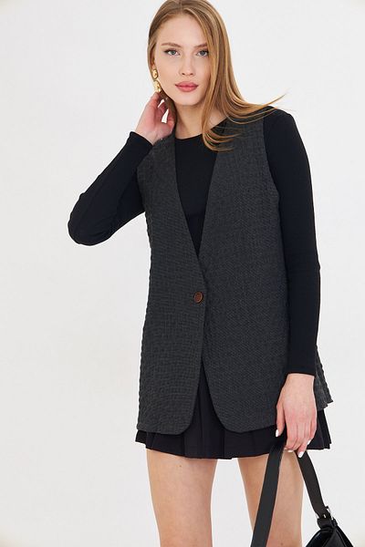 armonika Women's Smoked V-Neck Single Button Oversize Patterned Vest Arm-25K 001110