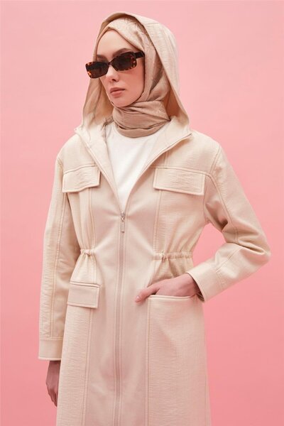 Armine Kapüşonlu Garnili Beli Bağcıklı Kap 25y7812 Naturel