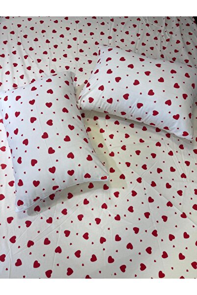 ŞENER HOME Heart Patterned Single (Fi̇tted) Elastic Sheet Pillow Case 100X200+24 cm