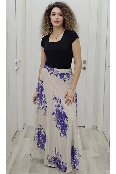 lodmela Fusta din șifon evazată bej/violet - Talie elastică 6003