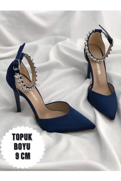 İA İLERİADIM Navy Blue Satin Heeled Stone Stiletto Evening Dress Shoes Heel Height 9 cm