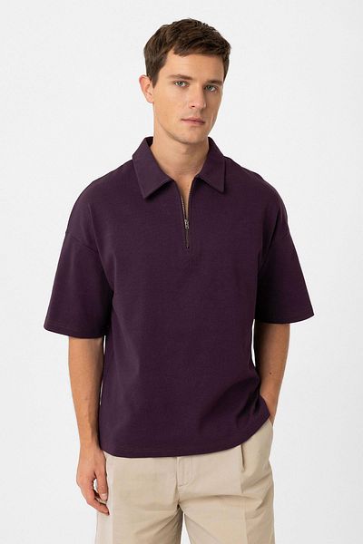 Antioch Claret Red Oversize Polo Neck Zippered Men's T-Shirt