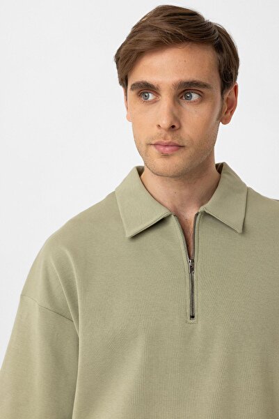 Antioch Khaki Oversize Polo Neck Zippered Men's T-Shirt