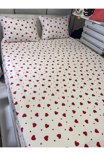 ŞENER HOME Heart Patterned Single (Fi̇tted) Elastic Sheet Pillow Case 100X200+24 cm
