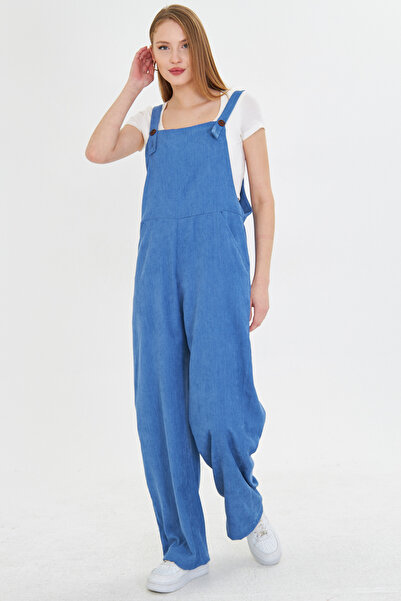 armonika Women's Indigo Velvet Pocket Wide Leg Thin Corded Gardener Overalls Arm-25K 001036